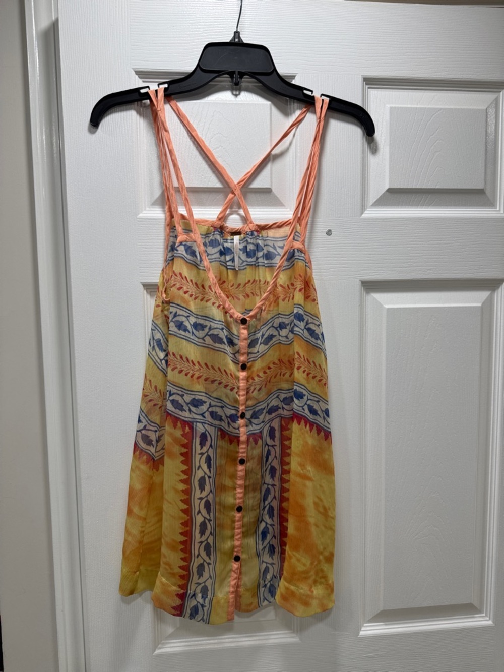 Free People Sheer Boho Striped Button-Front Sundress in Yellow and Coral